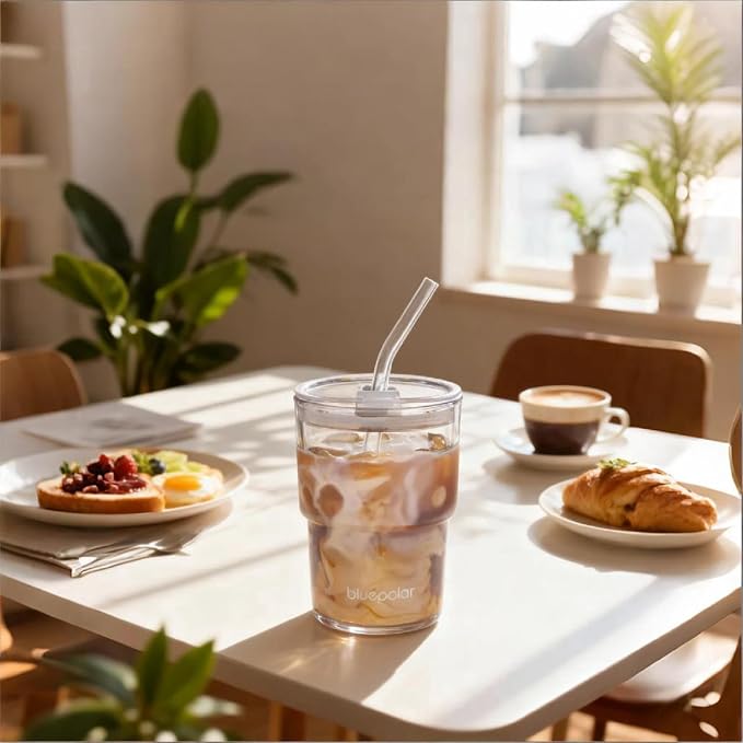 BLUEPOLAR 13oz/400ml Glass Water Tumbler with Straw and Lid Sealed Carry On Thick Wall Iced Coffee Cup Glass Cup for Water, Iced Tea Fruit Juice Etc(Aurora White - Image 2