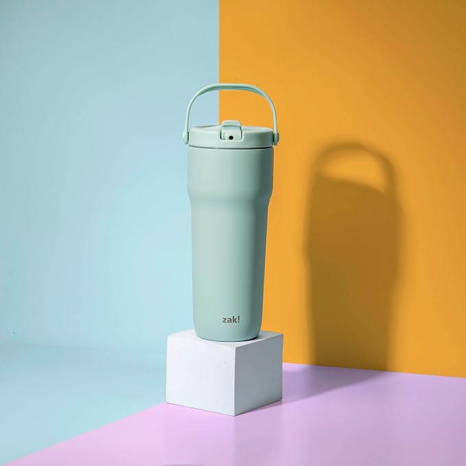 Zak Designs Sutton Travel Tumbler for On the Go, 30oz Stainless Steel with Vacuum Insulation, Straw Spout, Carry Handle for Cold Drinks (Icicle Mint Green) - Image 7