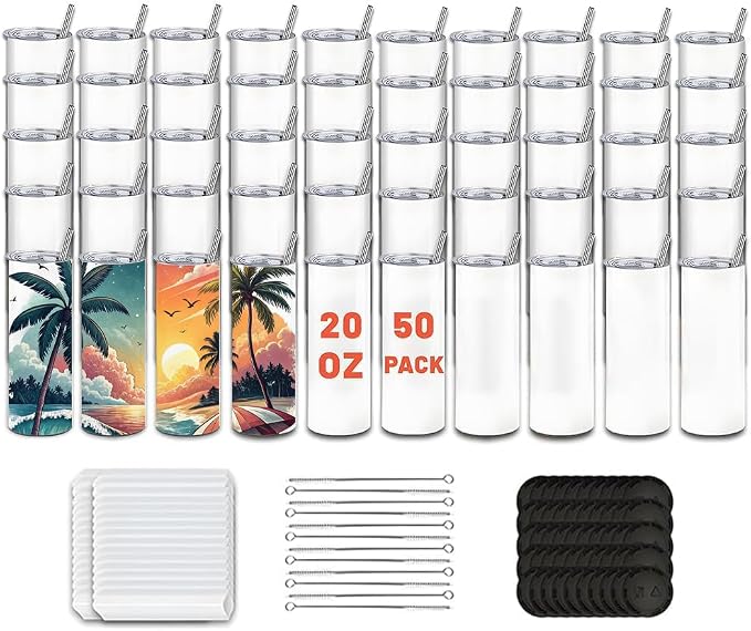 50 Pack Sublimation Blanks, 20oz Sublimation Tumblers Skinny Straight with Lids and Straws Bulk, Stainless Steel Double Wall Polymer Coating for Heat Transfer DIY Gifts by Kocdam