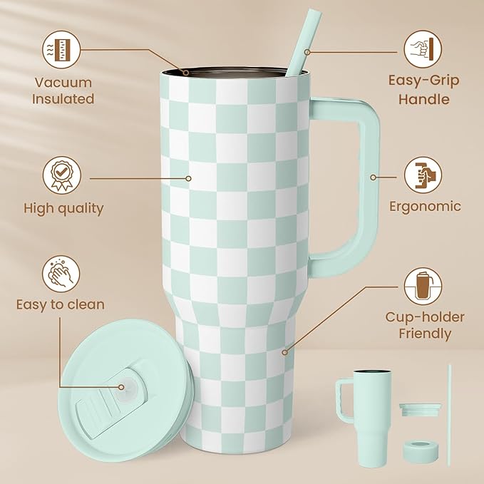 Checkered Tumbler with Handle 40oz, Mint Checker Cup Stainless Steel Insulated Tumblers Coffee Travel Mug Cups with Straw, Gifts for Women Girls Teen Birthday Christmas - Image 2