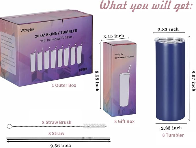 8 Pack 20 Oz Stainless Steel Straight Skinny Tumblers, Insulated Slim Thin Travel Cup Set for DIY, Navy - Image 5