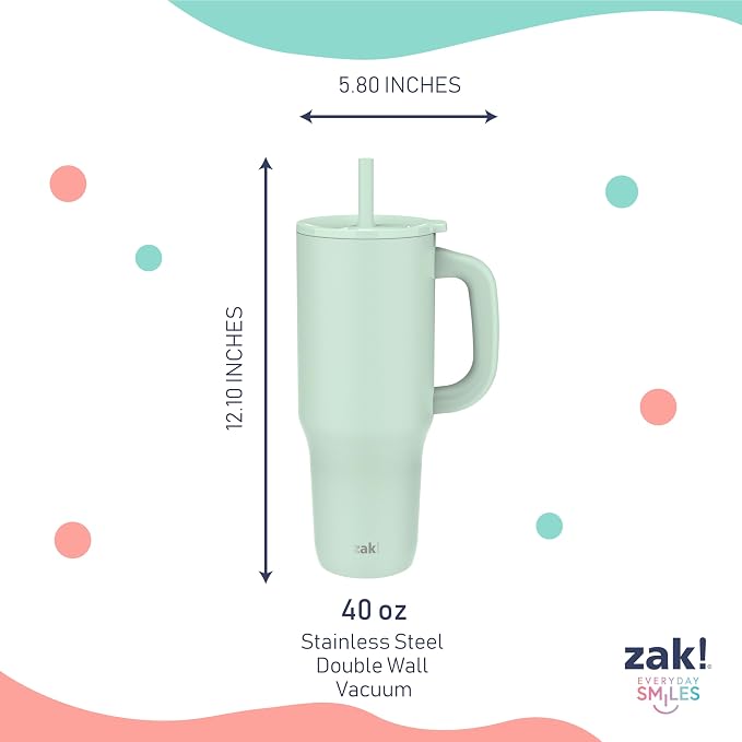 Zak Designs Sutton Travel Tumbler for On the Go, 40oz Stainless Steel with Vacuum Insulation, Silicone Straw, and Carry Handle for Cold Drinks (Icicle Mint Green) - Image 6