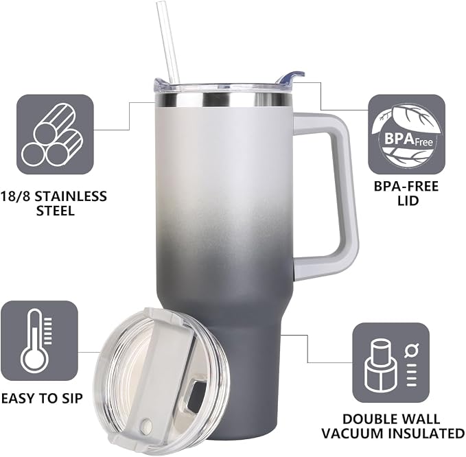 SYACOT 40 oz Tumbler with Handle and Straw Stainless Steel Insulated Tumbler Leak Proof Lid and Straw Lid Reusable Travel Mug Coffee Mug Cup Dishwasher Safe Keep Drinks Cold and Hot (Grey&Black) - Image 4