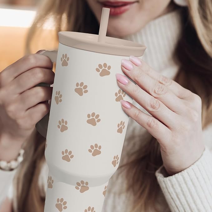 Paw Print Tumbler with Handle, Gifts for Dog Mom, Stainless Steel Insulated Tumblers Coffee Travel Mug Cup, Gift for Women Girls on Birthday Christmas Mothers Day, 40oz - Image 6