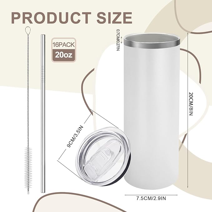 YOUKE OLA 16 Pack Stainless Steel Skinny Tumblers Bulk Straight Double Wall Powder Coated Insulated Tumbler with Lid and Straw for Laser Engrave, DIY Gift, 20oz White - Image 2