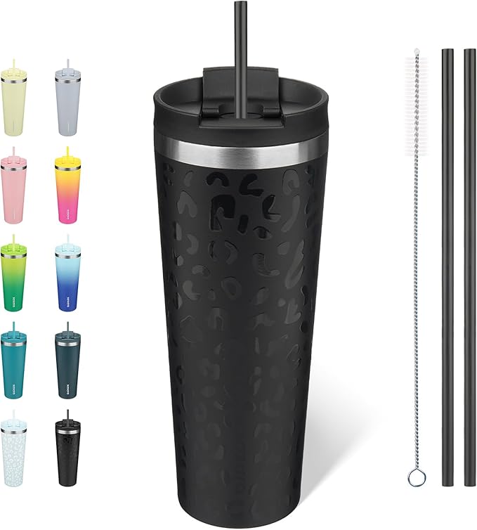 BJPKPK 26oz Insulated Tumbler With lid And Straw Stainless Steel Tumblers Travel Coffee Mug Reusable Thermal Cup,Black Leopard by BJPKPK
