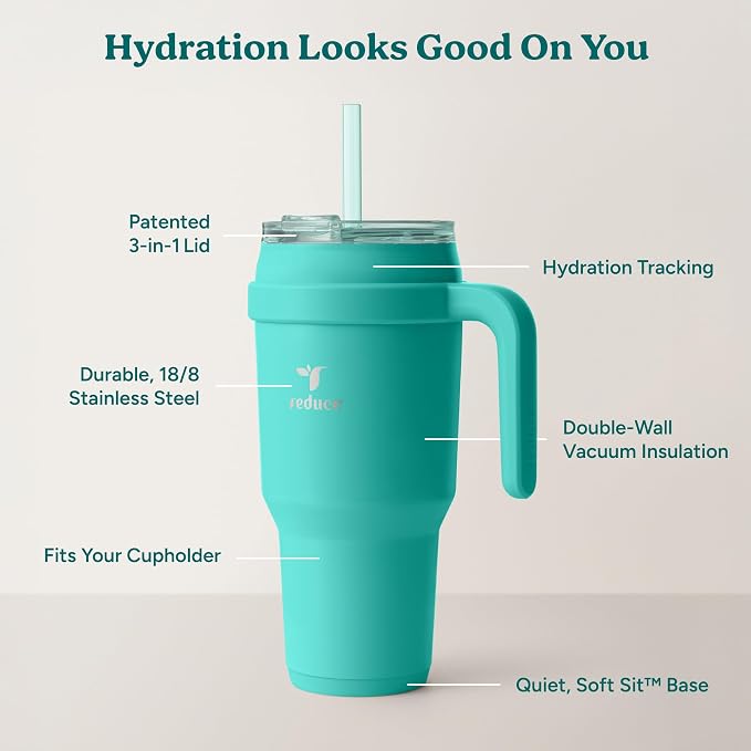 Reduce 40 oz Stainless Steel Tumbler with Handle - Dual-Wall Vacuum Insulated Travel Mug, Sweat-Proof Lid & Reusable Straw - Keeps Drinks Cold for 24 Hrs, Fits Cupholders, Dishwasher Safe-Ocean Breeze - Image 4