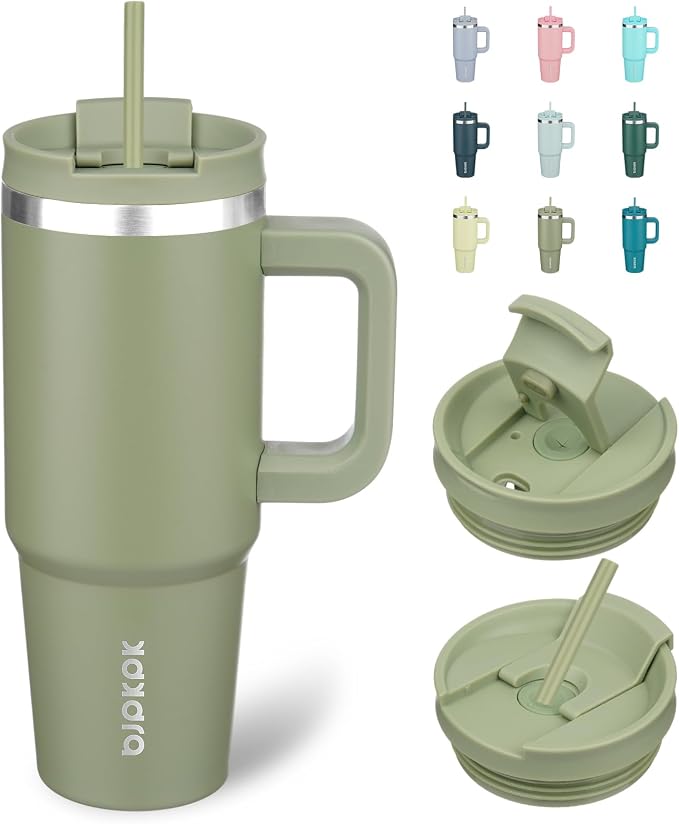 BJPKPK 30 oz Stainless Steel Tumbler With Handle Insulated Tumblers With 2 Straw Travel Coffee Mug With Lid,Sage by BJPKPK