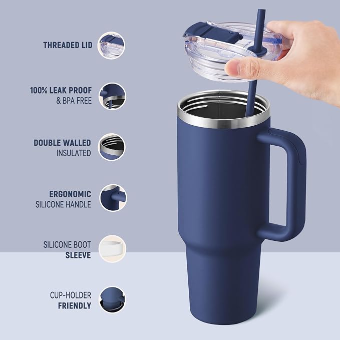 COKTIK 40 oz Tumbler With Handle and Straw, Insulated Tumbler With Leakproof Lids, Stainless Steel|BPA-Free, Cold for 24 H (Navy) - Image 3