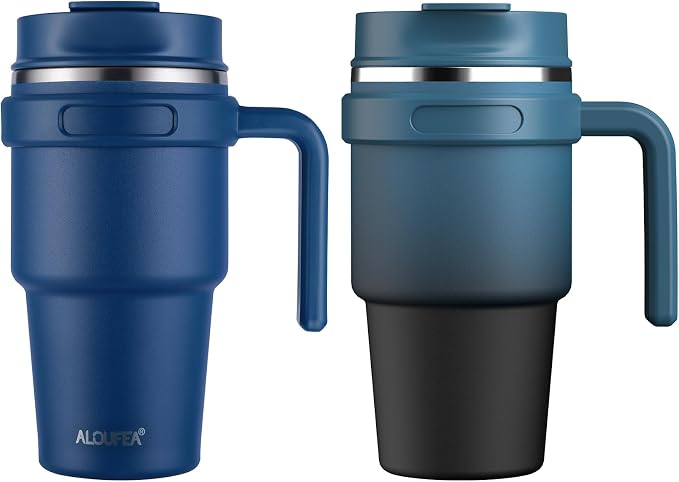 ALOUFEA 20 oz Insulated Coffee Mug Tumbler with Handle, Stainless Steel Travel Mug Tumbler with Lid and Straw,Double Wall Vacuum Leak Proof Ice Coffee Thermal Cup, Navy/Indigo Black by ALOUFEA