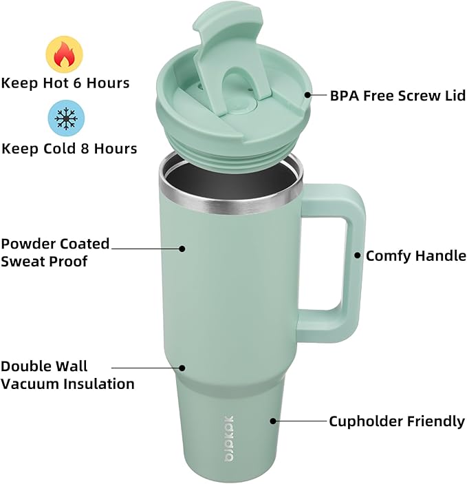 BJPKPK 40oz Stainless Steel Insulated Tumbler With Handle And Lid Straw Travel Coffee Mug Thermal Cup,Pistachio Green - Image 2