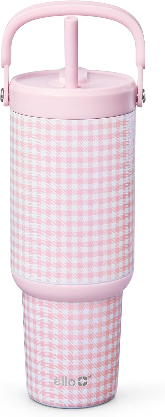 Ello Oasis Go+ 32oz Tumbler with Top Handle and Retracting Straw | Reusable Insulated Stainless Steel Cup, 100% Leakproof Water Bottle, 24 Hours Cold, Cup Holder Friendly For Travel | Pink Gingham by Ello