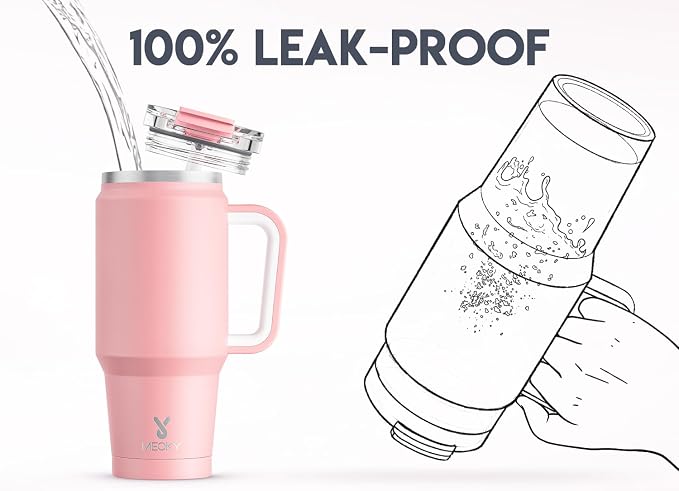 Meoky 32 oz Tumbler with Handle, Insulated Tumbler with Lid and Straw, Stainless Steel Travel Mug, Keeps Cold for 24 Hours, 100% Leak Proof, Fits in Car Cup Holder (Blush) - Image 3