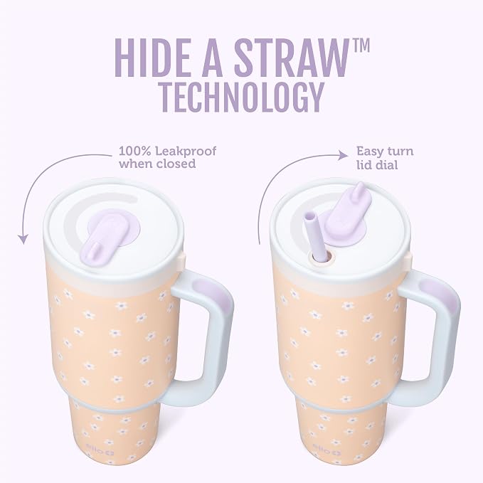 Ello Oasis 24oz Tumbler with Handle & Retracting Straw | Reusable Insulated Stainless Steel Cup 100% Leakproof, Gifts for Teens Women Men | Keeps cold for 24 Hours, Cup Holder Friendly, Orange Daisies - Image 2