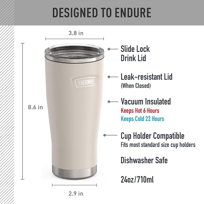THERMOS ICON SERIES, Stainless Steel Cold Tumbler with Slide Lock, 24 Ounce, Sandstone - Image 7