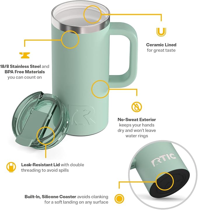 RTIC 16oz Road Trip Travel Mug with Lid and Handle, Ceramic Lined, Insulated, Stainless Steel, Metal, Double Wall Vacuum-Insulation, Portable Coffee, Tea Cup for Hot and Cold Drink, Fresh Mint - Image 3