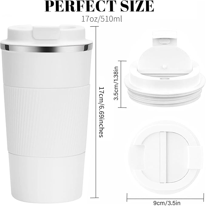 YINBAOGE Insulated Travel Coffee Mug, Spill & Leak Proof, Portable To Go Camping Stainless Steel Coffee Tumbler, Reusable Thermal Coffee Cup with Lid for Hot & Cold Drinks (White, 17 OZ) - Image 3