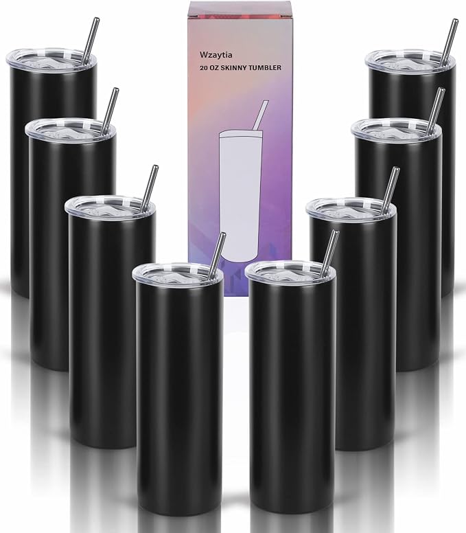 20 Oz Stainless Steel Straight Skinny Tumbler Set (8 Pack), Insulated Slim Thin Travel Cup with Lid, Black by Wzaytia