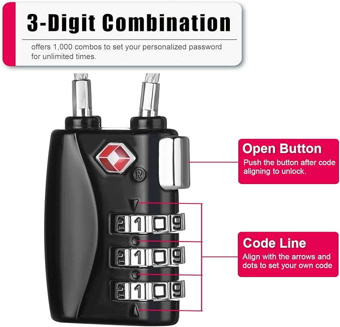 ZHEGE Luggage Lock TSA Approved 3 Digit Travel Cable Padlock - Image 3