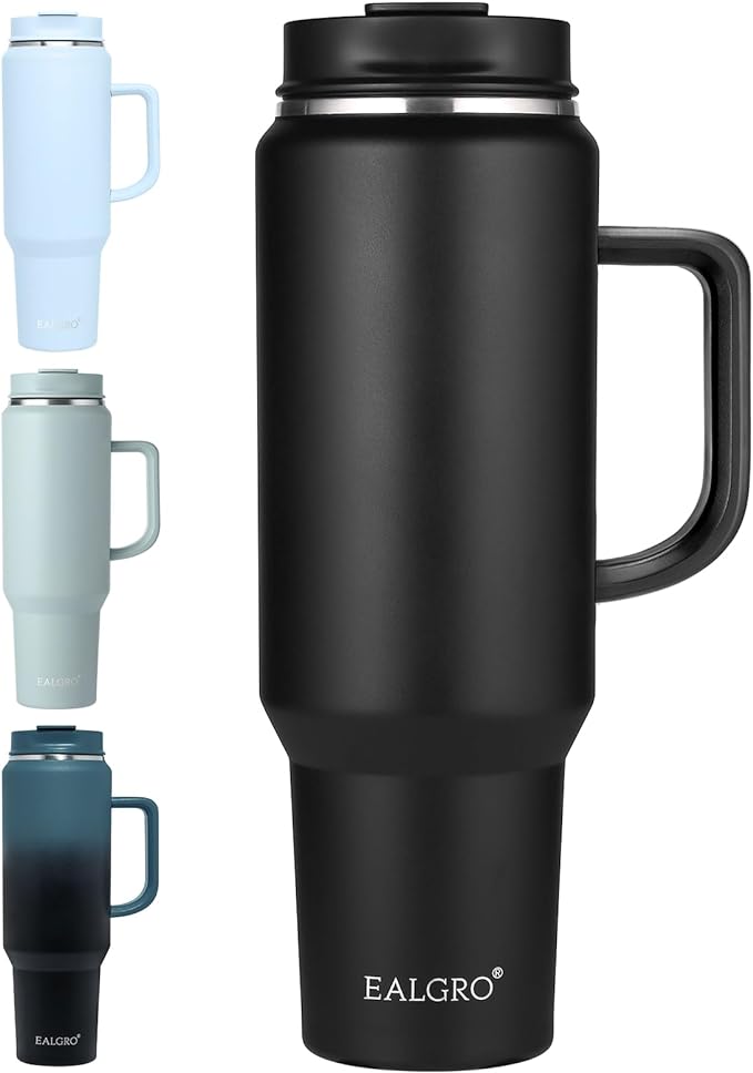 EALGRO 50 oz Tumbler with Handle, Insulated Tumblers with Lid and Straw, Large Metal Sports Water Bottle Jug, Thermal Stainless Steel Travel Coffee Mug Cup, Black by EALGRO