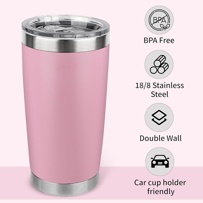 20oz Stainless Steel Tumbler with Lid, Travel Mug - Double Wall Vacuum Powder Coated Cup - Light Pink, 1 Pack - Image 2