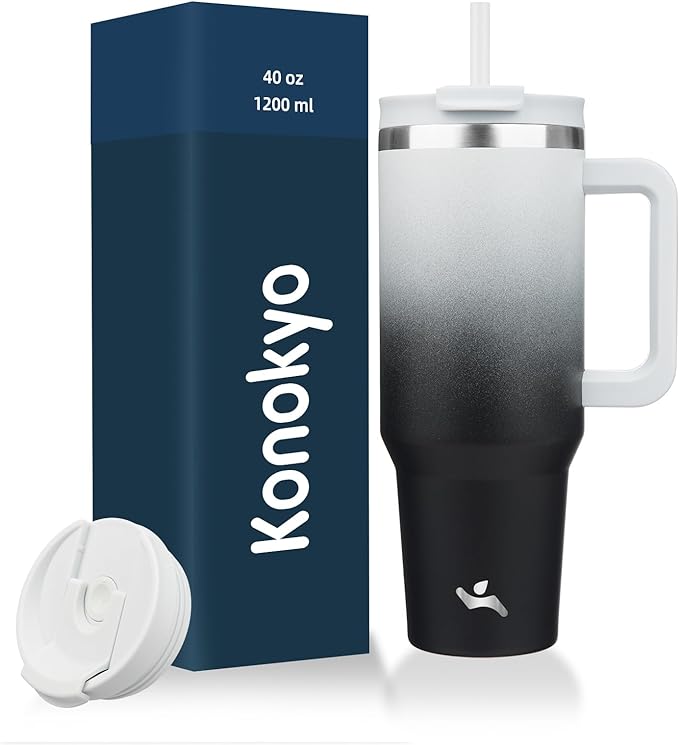 Konokyo 40 oz Tumbler with Handle and 2 Straws,2 in 1 Lid Insulated Water Bottle Stainless Steel Travel Coffee Mug,Day Night by Konokyo