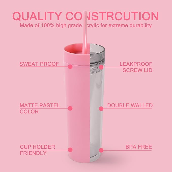 sweet grain Skinny Tumblers with Lids and Straws(6 Pack) - 16oz Matte Pastel Colored Skinny Acrylic Tumblers, Double Wall Plastic Tall Skinny Tumblers Bulk for Cold Hot Drinks - Pink - Image 3