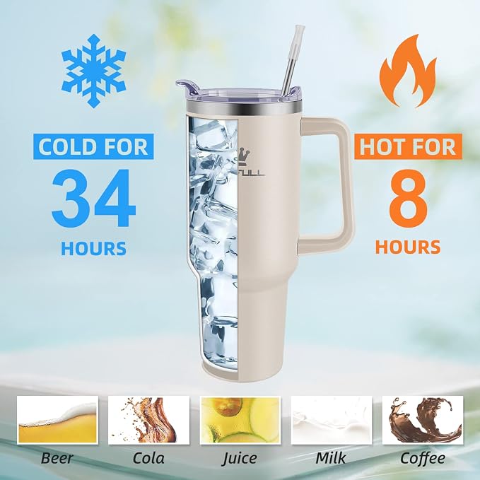 40 oz Tumbler with Handle and Straw Lid, 100% Leak-proof Travel Coffee Mug, Stainless Steel Insulated Cup for Hot and Cold Beverages, Keeps Cold for 34Hrs or Hot for 10Hrs, Dishwasher Safe (Cream) - Image 4