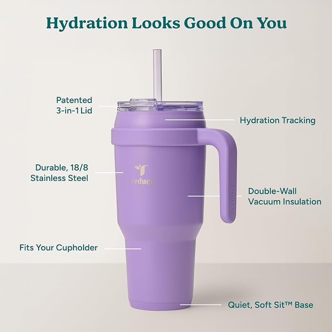 Reduce 40 oz Stainless Steel Tumbler with Handle - Dual-Wall Vacuum Insulated Travel Mug, Sweat-Proof Lid & Reusable Straw - Keeps Drinks Cold for 24 Hrs, Fits Cupholders, Dishwasher Safe-Purple Punch - Image 3