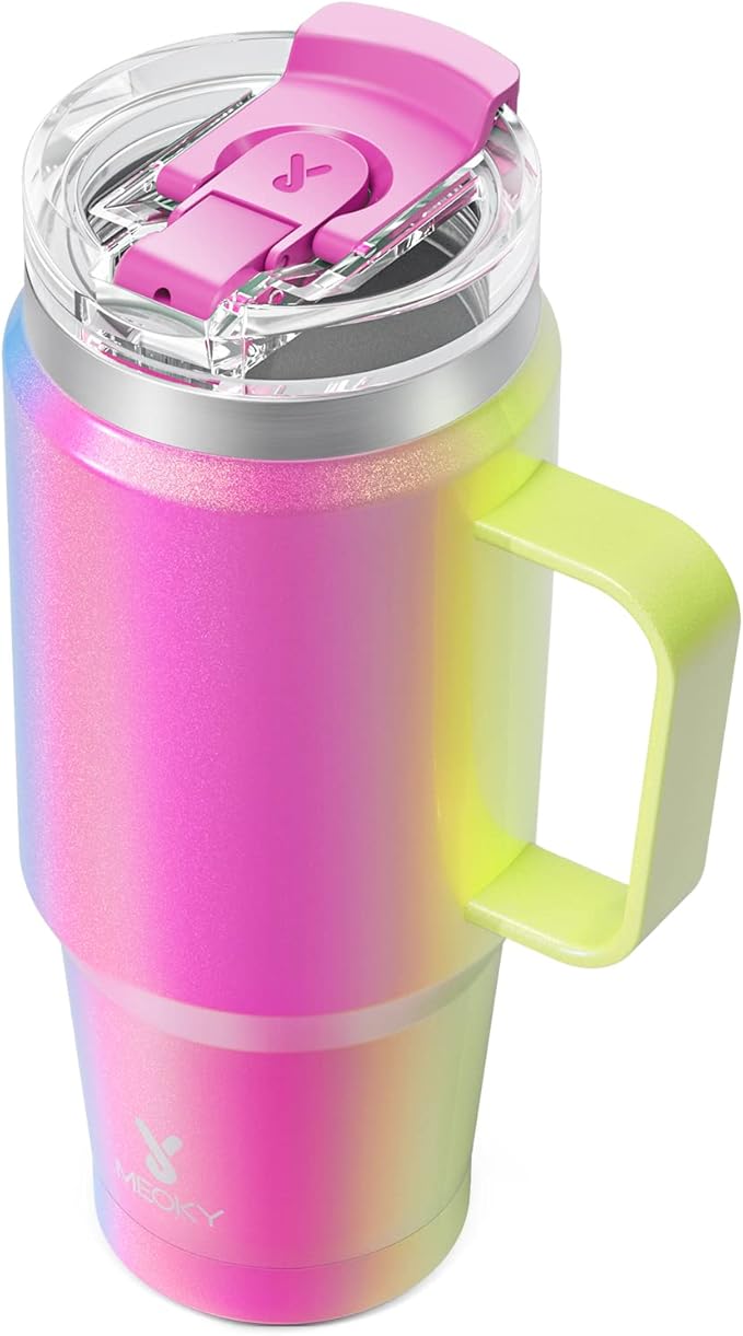 Meoky 32 oz Tumbler with Handle, Insulated Tumbler with Lid and Straw, Stainless Steel Travel Mug, 100% Leak Proof, Keeps Cold for 24 Hours or Hot for 8 Hours, Fits in Car Cup Holder (Carnival) by MEOKY