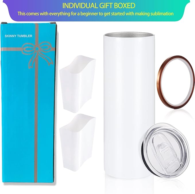 YOUKE OLA 10 Pack Sublimation Tumblers Bulk Straight Skinny Tumbler Blanks 20oz for Heat Transfer, Individual Gift Boxed, Double Wall Insulated Tumbler with Shrink Wrap Films & Heat Tape & Straws - Image 3