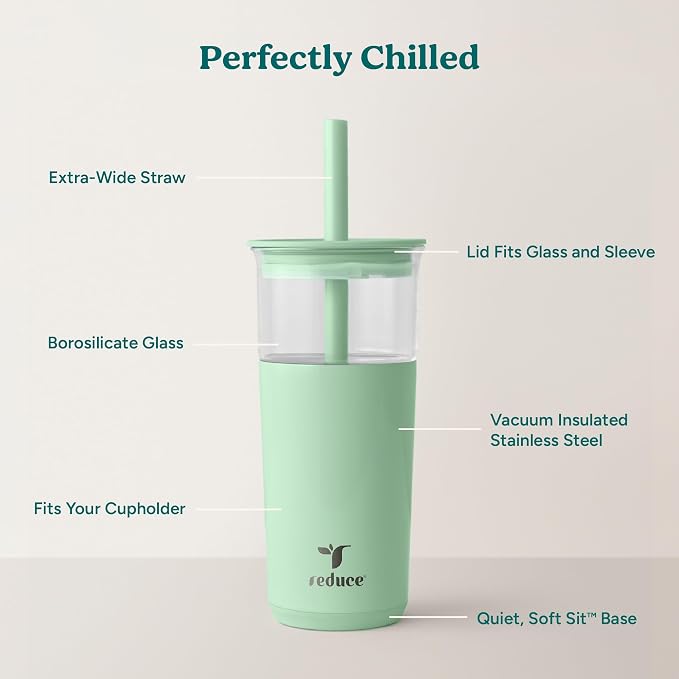REDUCE Aspen 20 oz Vacuum Insulated Glass Tumbler with Lid & Extra Wide Straw - Keeps Drinks Cold for 12 Hrs - Ideal for Iced Coffee, Smoothies & Boba - Dishwasher Safe, Soft Base - Matcha - Image 3