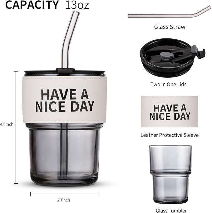 BLUEPOLAR 13oz/400ml Glass Water Tumbler with Straw and Lid Sealed Carry on Thick Wall Iced Coffee Cup for Water, Iced Tea, Fruit Juice (Have a Nice Day) - Image 3