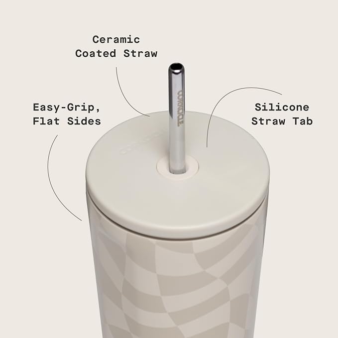 Corkcicle Cold Cup - Triple Insulated Tumbler with Straw - 12 Hours Cold - Leak-Resistant Lid - Easy Grip - Non-Slip Bottom - Summer Drinkware Gift - Keeps Drinks Ice Cold - 24 oz - Wavy Checkerboard - Image 4