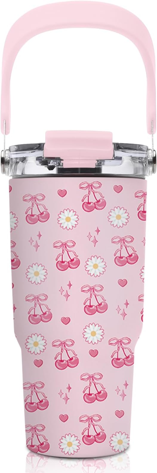 20oz Cherry Tumblers - Pink Cherry Tumbler with Straw Handle, Leak-proof, BPA-free, Double Wall Insulated, Pink Gifts Cup for Girls, Insulated Coffee Tumbler Bows Stainless Steel Cup for Women Kids by welcometoHYMONA