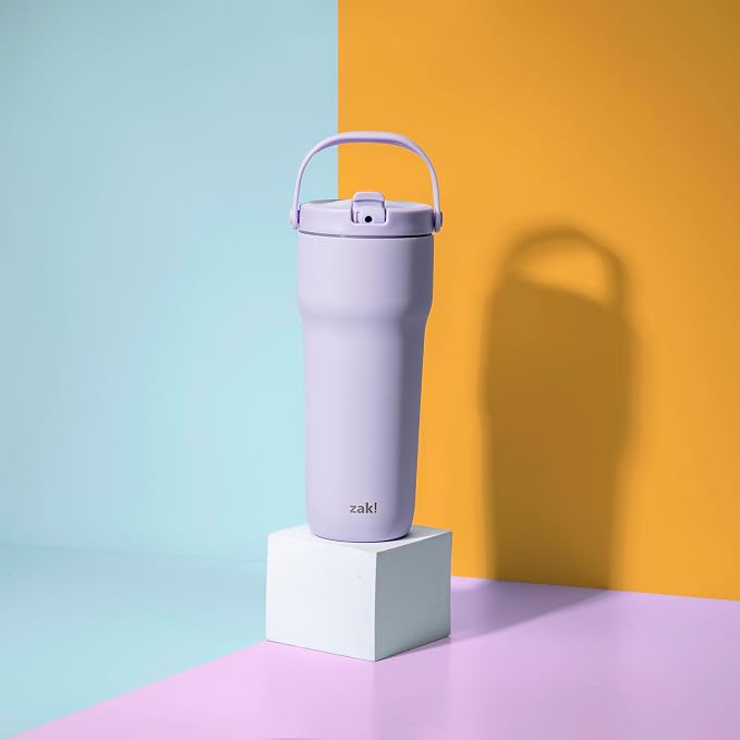 Zak Designs Sutton Travel Tumbler for On the Go, 30oz Stainless Steel with Vacuum Insulation, Straw Spout, Carry Handle for Cold Drinks (Smoky Lilac Purple) - Image 8
