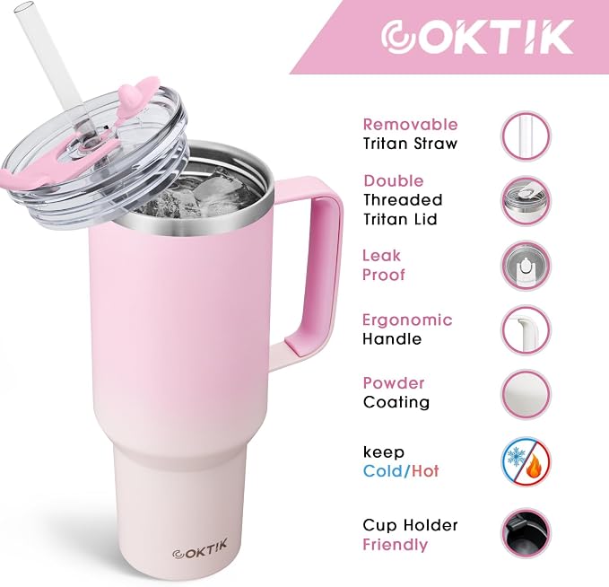 COKTIK 40 oz Tumbler With Handle and Straw, Insulated Tumbler With Leakproof Lids, Stainless Steel|BPA-Free, Cold for 24 H (Sakura) - Image 2