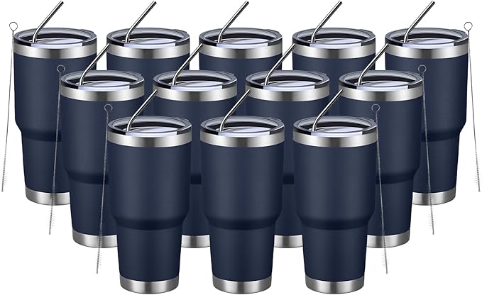 MEWAY 30oz Insulated Tumbler With Lids and Straws,Stainless Steel Double Vacuum Coffee Tumbler Cup, Brush, Durable Powder Coated Coffee Cup for Cold & Hot Drinks, Office, Travel(Navy,12 PACK) by MEWAY