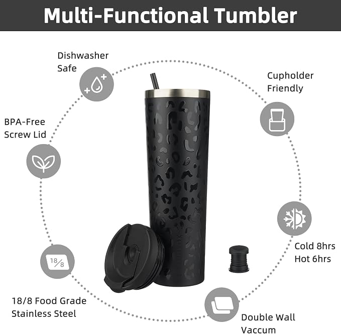 BJPKPK 34oz Insulated Tumbler With lid And Straw Stainless Steel Tumblers Travel Coffee Mug Reusable Thermal Cup,Black Leopard - Image 3