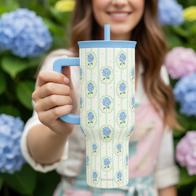 SANDJEST Hydrangea 40oz Tumbler with Handle and Straw, Floral Insulated Stainless Steel Travel Coffee Mug for Women Girls, Gift Idea for Birthday Christmas Mothers Day - Image 6