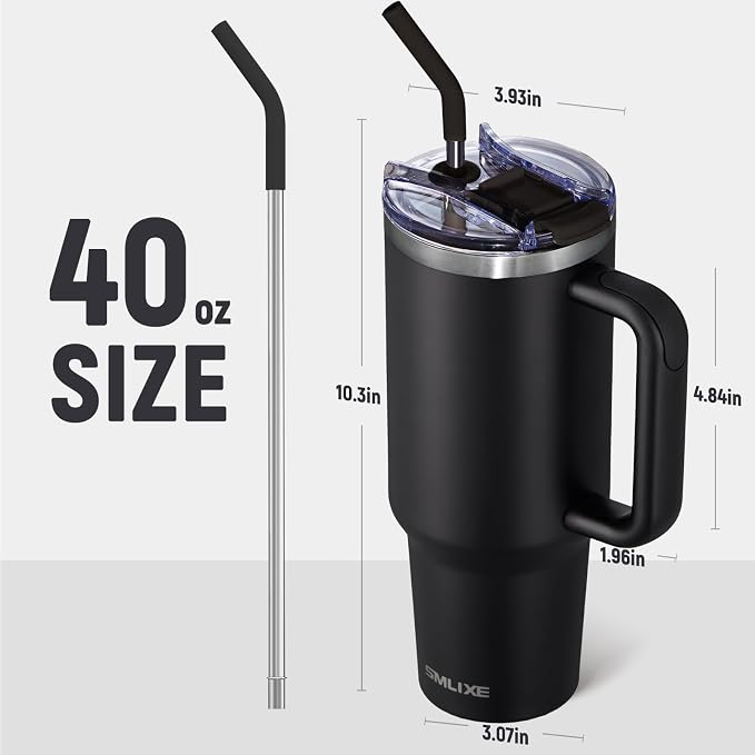 40 oz Tumbler with Handle and Straw Lid,Insulated Reusable Stainless Steel Water Bottle Travel Mug，Cupholder Friendly Double Wall Vacuum Sealed Cup (Black) - Image 3