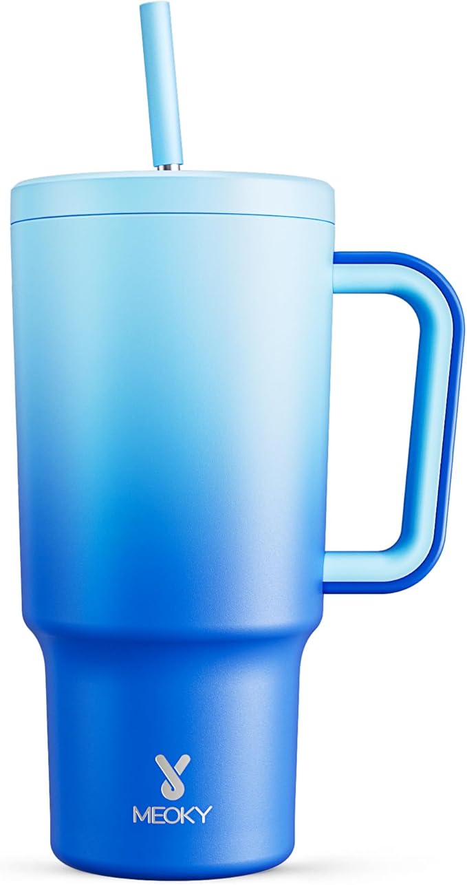 Meoky 30 oz Tumbler with Handle, Tumbler with Lid and Straw, Insulated Stainless Steel Travel Mug, 100% Leak-proof, Cupholder Friendly, Keeps Cold for 24 Hours or Hot for 8 Hours (Sky) by MEOKY