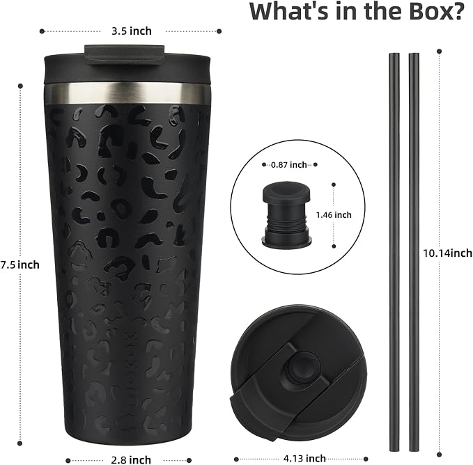 BJPKPK 22oz Insulated Tumbler With lid And Straw Stainless Steel Tumblers Travel Coffee Mug Reusable Thermal Cup,Black Leopard - Image 2