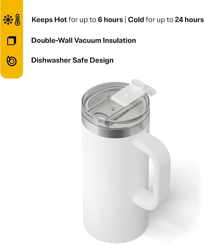 RTIC 16oz Road Trip Travel Mug with Lid and Handle, Ceramic Lined, Insulated, Stainless Steel, Metal, Double Wall Vacuum-Insulation, Portable Coffee, Tea Cup for Hot and Cold Drink, White - Image 3