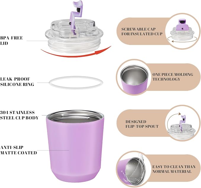 Puraville Insulated Tumblers with Lid, 10 oz Travel Coffee Mug Stainless Steel Vacuum Cup, Leak Proof Reusable Double Walled Coffee Tumbler for Iced and Hot Drinks, Lilac - Image 4