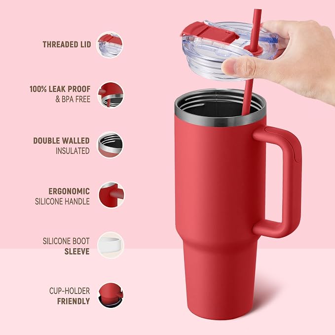 COKTIK 40 oz Tumbler With Handle and Straw, Insulated Tumbler With Leakproof Lids, Stainless Steel|BPA-Free, Cold for 24 H (Red) - Image 3