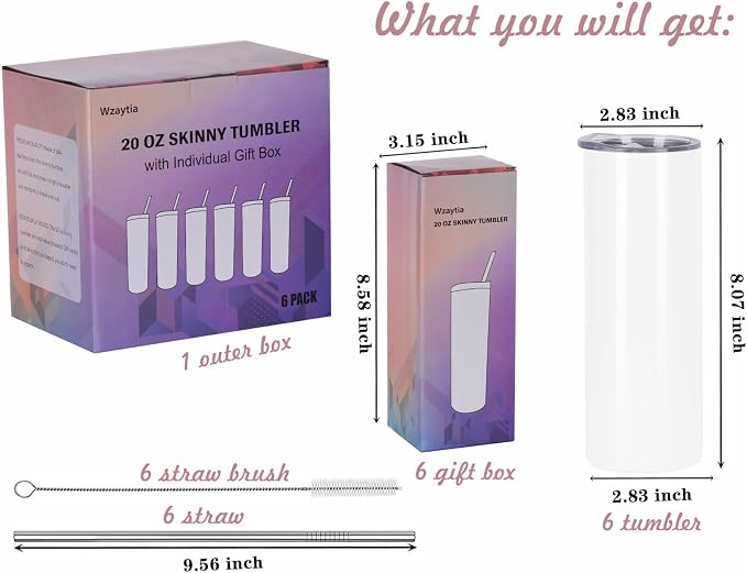6 Pack 20 Oz Straight Skinny Tumblers,Individually Gift Boxed Stainless Steel Slim Skinny Tumbler Set Bulk, 20 Oz Insulated Slim Thin Travel Tumbler Cup for Diy, White - Image 2