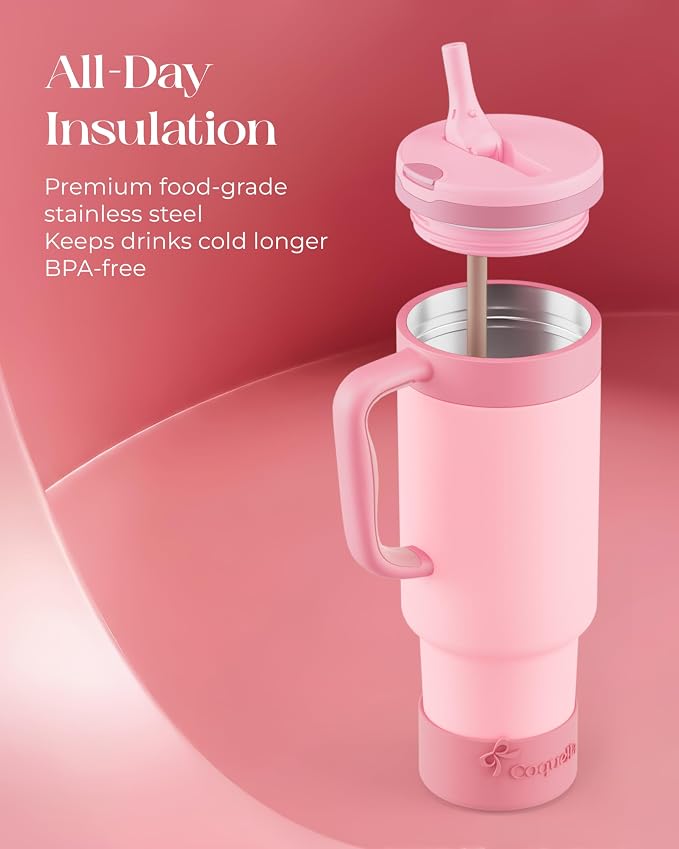 40 oz Insulated Tumbler with Handle and Push-Button Straw Lid, Stainless Steel Travel Cup for Gym Office, Leakproof, BPA-Free, Cup Holder Friendly, Bow Silicone Boot, Pink (Rose Quartz) - Image 4