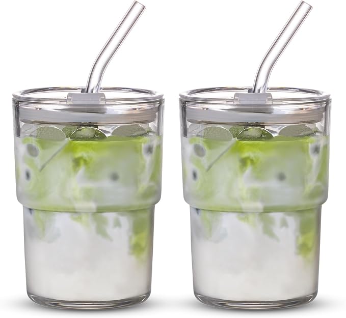 BLUEPOLAR 13oz/400ml Tumbler Water Glass, Cups with Straw and Lid Sealed Carry on for Coffee, Iced Tea, Thick Wall Insulated Glass Cup (white,2pack) by BLUEPOLAR