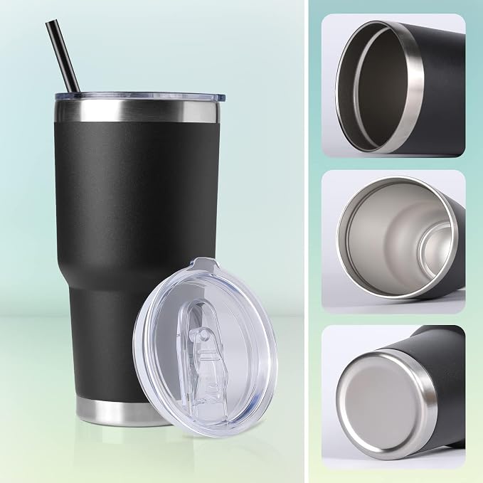 DOMICARE 30oz Tumbler Bulk with Lid and Straw, Double Wall Travel Coffee Mug, Insulated Vacuum Stainless Steel Tumblers, Powder Coated Tumbler Cup (Black, 8) - Image 6